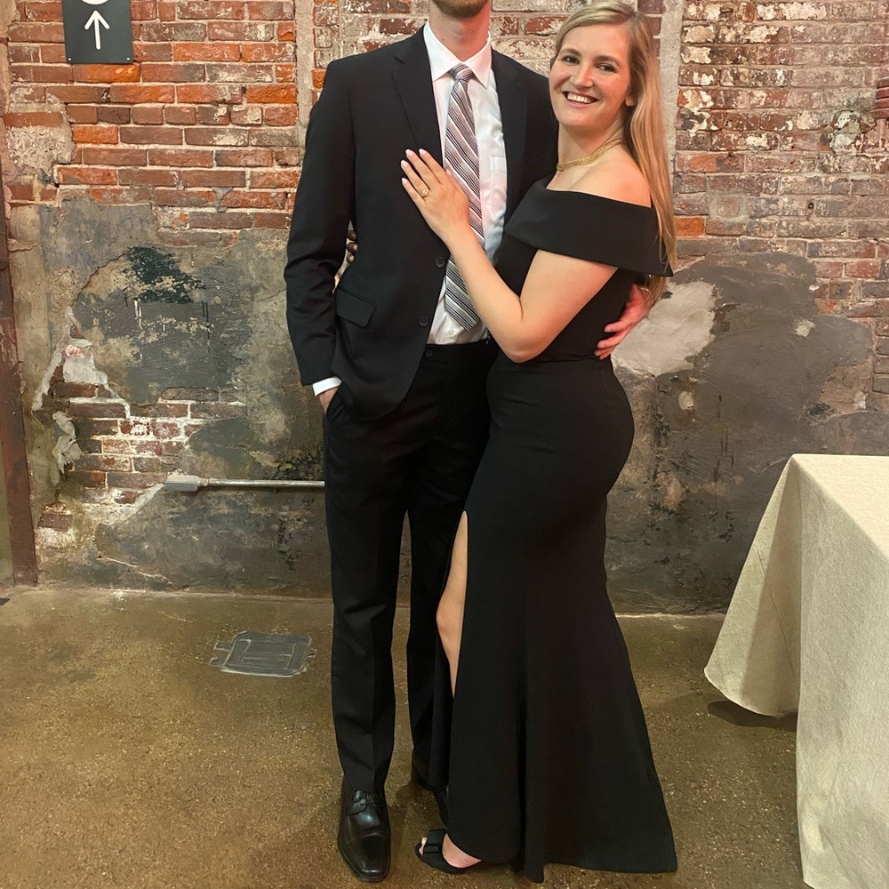 NWT BHLDN off the shoulder black gown with train